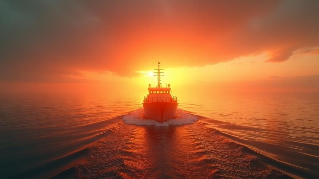 Fishing boat at sunset on calm water
